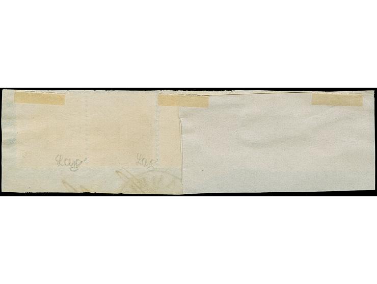 1 Sch. braun, 2 waagerechte Paare und Einzelwert, farbfrisch und gut gezähnt, mit sauberaufgesetztem blauen Strichstempel auf