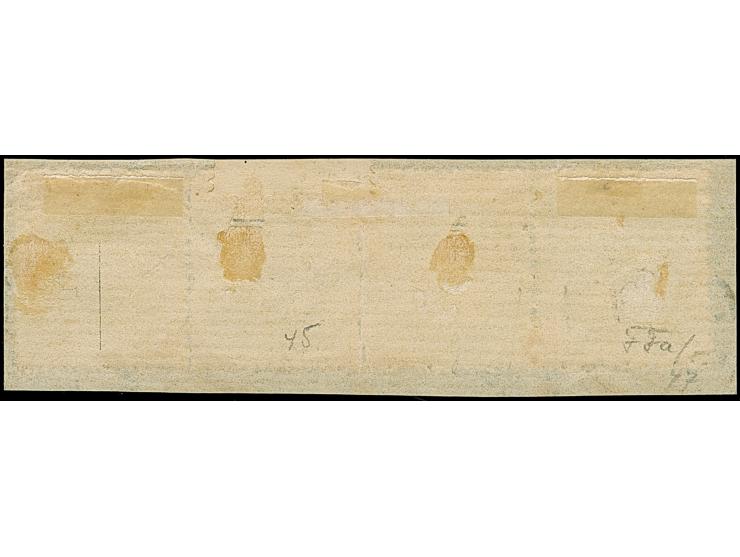 1¼ Sch. graupurpur im waagerechten Viererstreifen, mit EKr. “St.P.A.HAMBURG 4 8” auf kleinen Briefstück. Eine recht seltene E