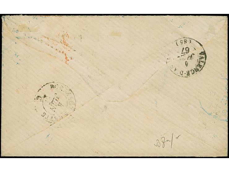 2 Sch. orangerot, 3 Einzelstücke als senkrechter Streifen geklebt, mit blauem Strichstempel und teils zusätzlich aufgesetztem