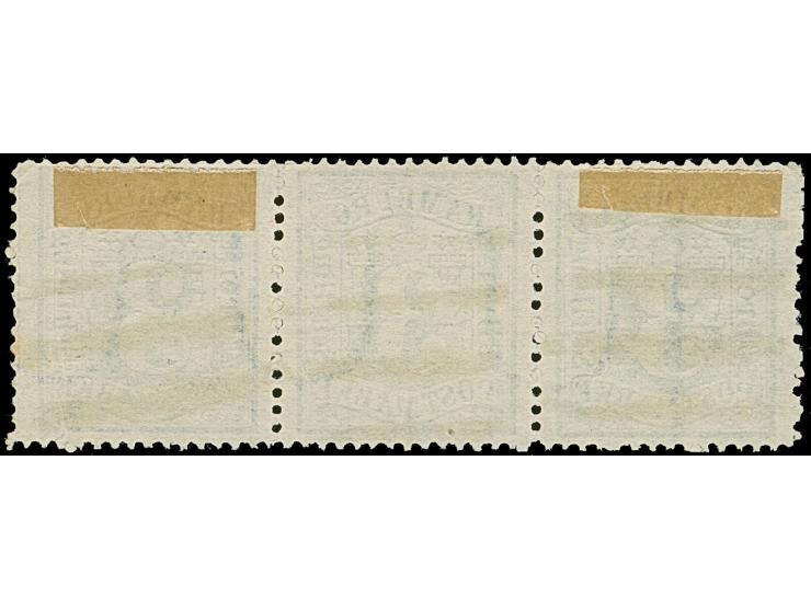 3 Sch. preußischblau im waagerechten 3er-Streifen, sauber entwertet durch schwarzen Strichstempel. Größte registrierte Einhei