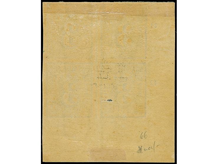 3 Sch. ultramarin, ungezähnt, im 4er-Block aus der linken unteren Bogenecke mit Reihenzählern “11” und “12” und großem Teil d