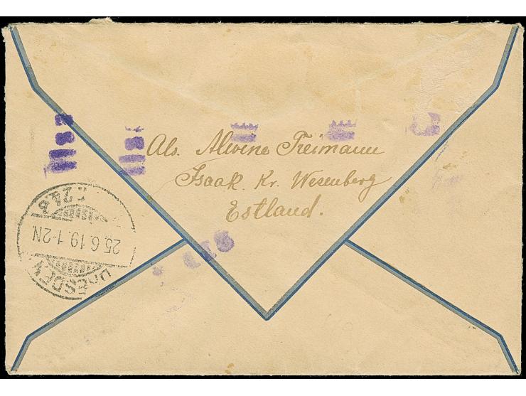 “Iisaku" provisional violet straight-line cancel on Flower Design 15 kopek blue and 35 penni brown, on registered cover with 