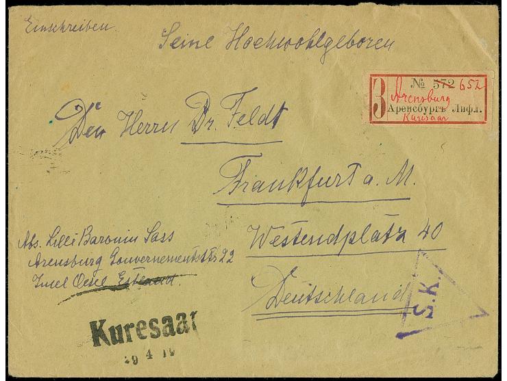 "Kuresaar",&nbsp;straight-line cancel on Flower 5 kopek vertical pair and 15 kopek block of six on reverse of registered cove