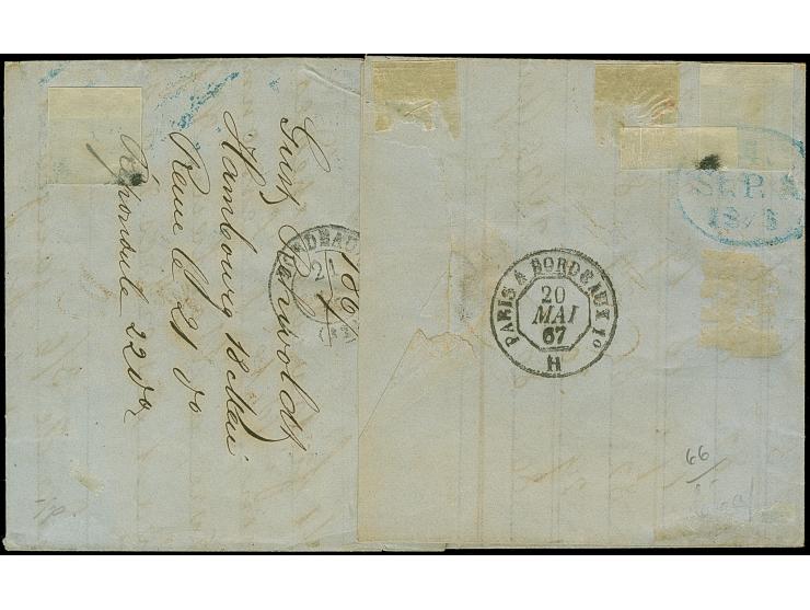 2 Sch. orangerot und 4 Sch. grün, beide farbfrisch und gut gezähnt mit blauem Strichstempel und nebengesetztem Taxis-EKr. "HA