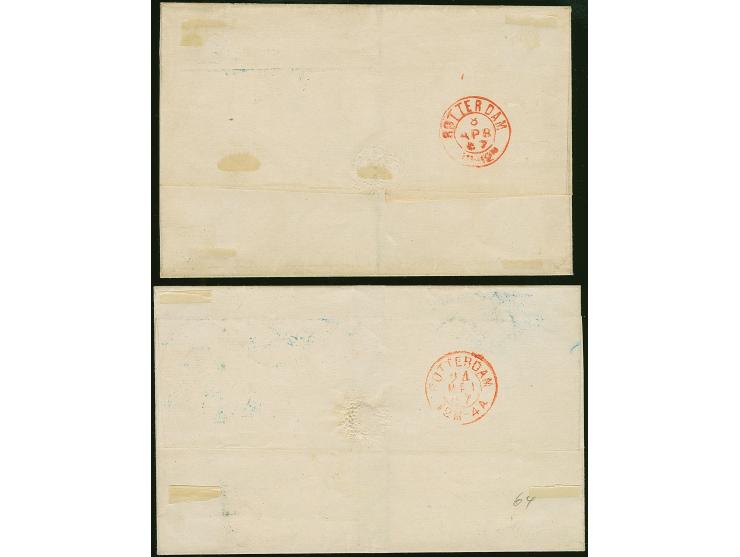 4 Sch. grün, einzeln bzw zwei Stück auf zwei Briefen der 1. bzw 2. Gewichtsstufe derselben Korrespondenz, je mit blauem DKr. 