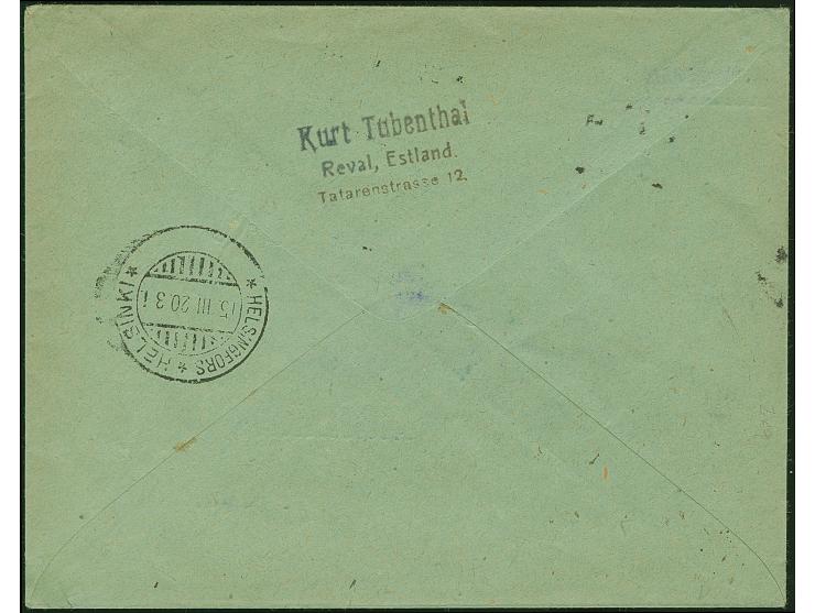 1920, Airmail double decker 5 m. with additional franking, tied by cds. “TALLIN 12.3.20” to registered ice flight cover to He