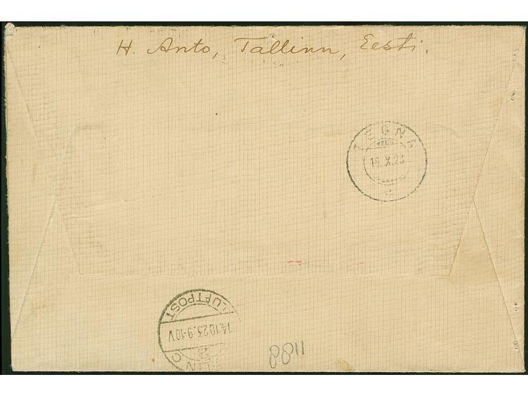1923, Airmail 10-45 marka, imperforated, together with additional franking, tied by cds. “TALLINN 10 10 23” to registered cov
