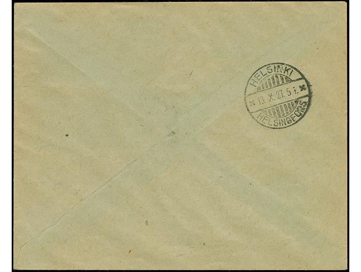Airmail 10 marka, two imperforated singles with additional franking tied by cds "VILJANDI 10 X 27" to airmail cover to Helsin