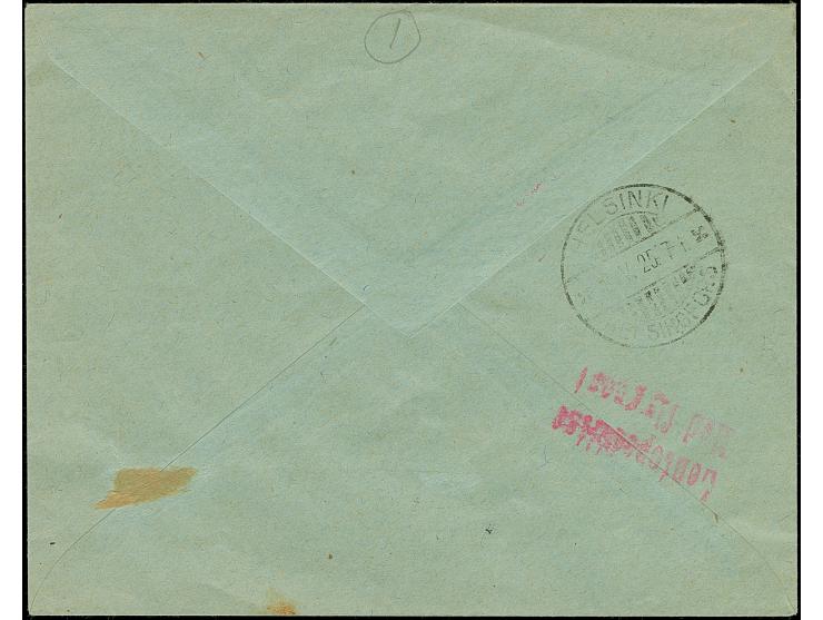 1923, Airmail 20 marka, with postmaster perforation, with additional franking, tied by cds. “BALTISKI 17 V 25” to registered 