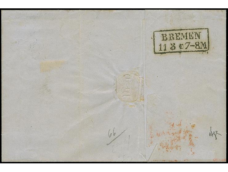 9 Sch. orangegelb, farbfrisch und gut gezähnt, mit blauem Strichstempel und nebengesetztem Ovalstempel “HAMBURG 10/3.65” auf 