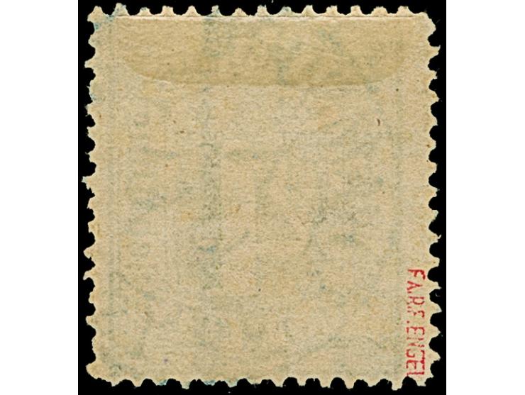 4 Sch. gelbgrün, farbfrisch und gut gezähnt, mit großem Teil des Wasserzeichens 'Turm', sauber entwertet durch blauen Stadtpo