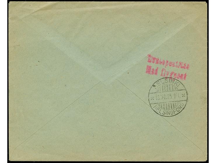 Airmail 10-20 marka, with additional franking, tied by cds. "BALTISKI 11 VII 25" to registered airmail printed-matter to Swed
