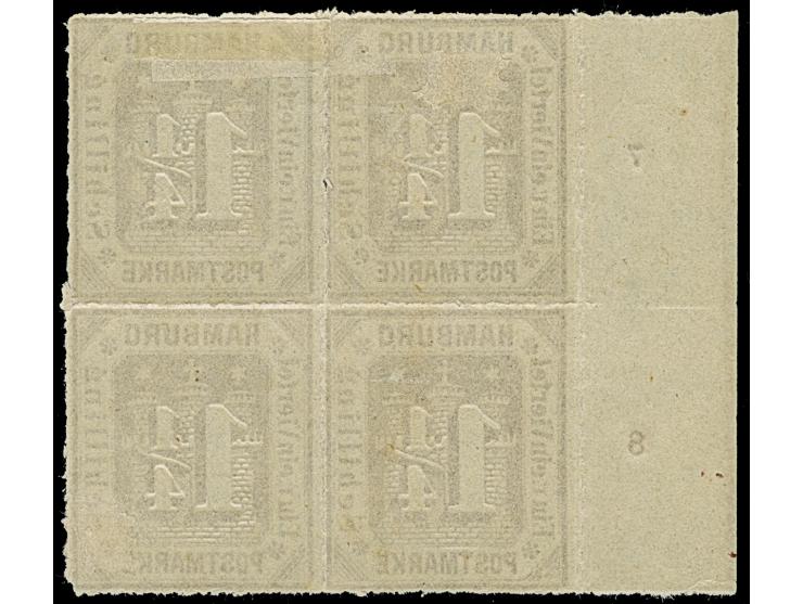 1866, 11⁄4 Sch. grauviolett im 4er-Block vom linken Bogenrand mit Reihenzählern “7” und “8”, ungebraucht mit Originalgummi&nb