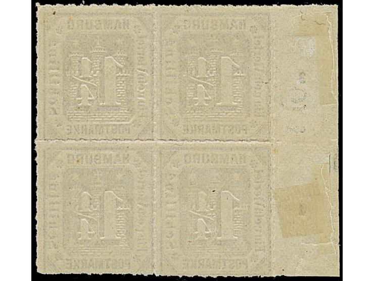 1866, 11⁄4 Sch. grauviolett im 4er-Block vom linken Bogenrand, Reihenzähler “3” und “4”, ungebraucht mit Originalgummi&nbsp;