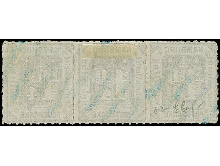 1¼ Sch. graupurpur im waagerechten 3er-Streifen, farbfrisch und gut durchstochen, sauber entwertet durch blauen Strichstempel
