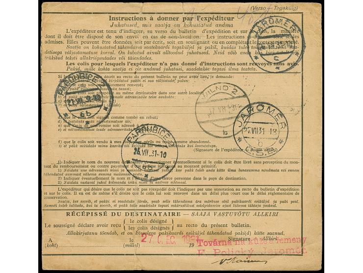 1930, Kroon-Surcharge 2 kroon, &nbsp;with additional franking, tied by cds. "TALLINN 13.VII.31" to parcel card to Czechoslova