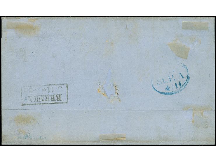 1¼ Sch. grauviolett im waagerechten Paar, farbfrisch und gut durchstochen, zusammen mit 1 Sch. schwarz, mit blauem Strichstem