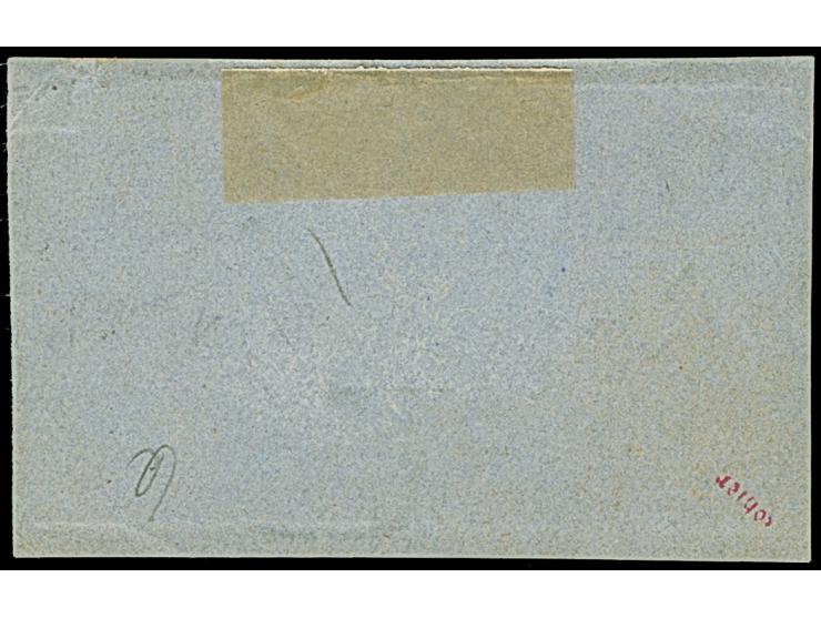 1½ &nbsp;Sch. rosakarmin im waagerechten Paar, mit sauber aufgesetztem blauen DKr. aufBriefstück. Rechts oben kleine Druckste