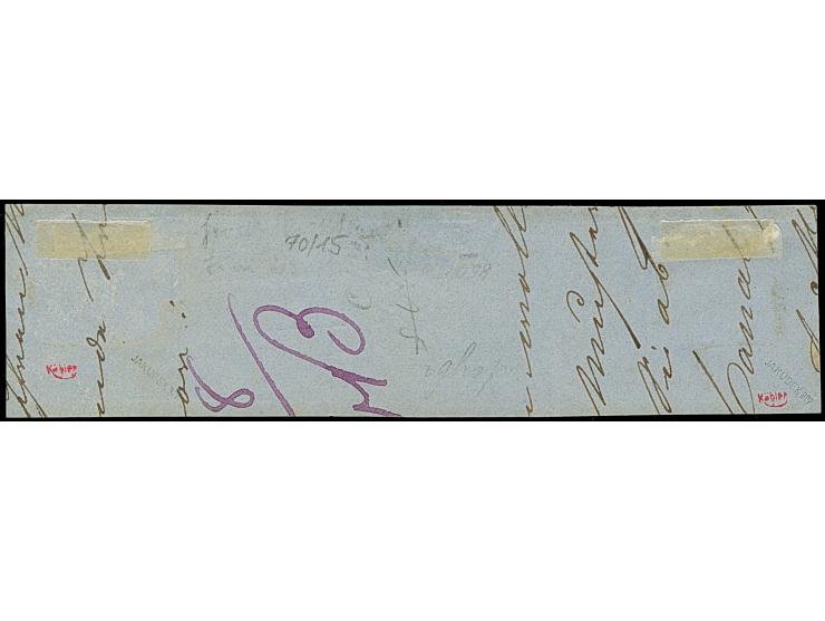 1½ Sch. rosakarmin im waagerechten 5er-Streifen, farbfrisch und einwandfrei durchstochen, mit äußerst seltener Entwertung dur