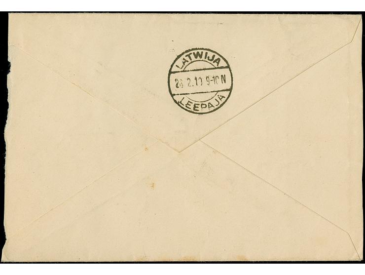 “25. ФЕВ 1919” on Ear of corn 15 kap green on cover to Libau with adjacent negativ-cancel “AIZPUTE”, roughly opened at right,