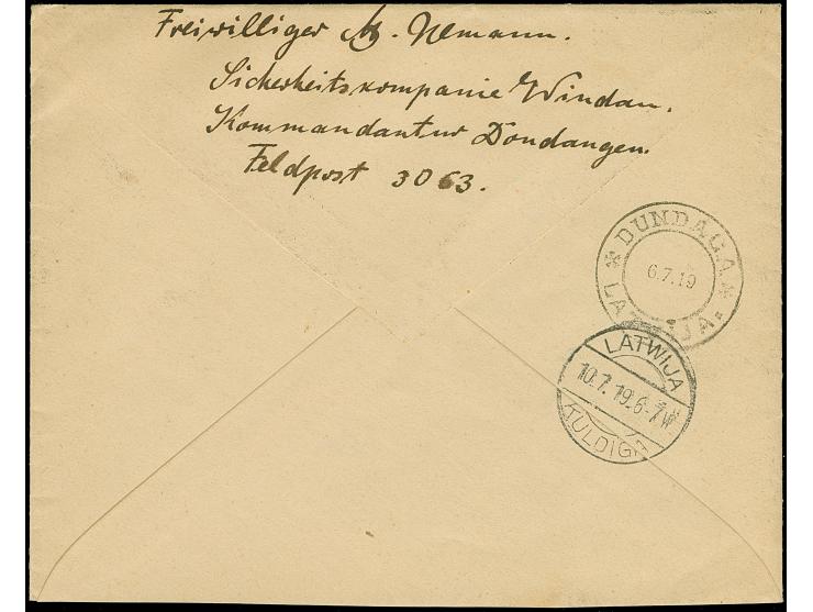 “DUNDAGA 5.7.19” on Liberation of Riga 5 kap red, single and horizontal strip of three and 15 kap green, on registered cover 