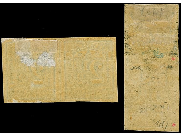 2½ Sch. dunkelolivgrün in 2 stark unterschiedliche Nuancen, jeweils im ungezähnten Paar, ungebraucht mit Originalgummi.&nbsp;