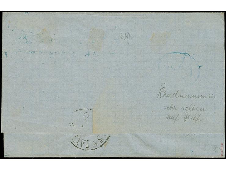 2½ &nbsp;Sch. dunkelolivgrün, links mit Reihenzähler "1", mit blauem Strichstempel und nebengesetztem DKr. “HAMBURGST.P. 6/7 