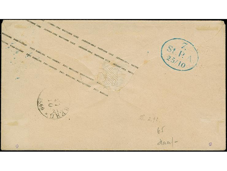 Umschlag 2 Sch. mit wertstufengleicher Zufrankatur, mit blauem Strichstempel und nebengesetztem EKr. "HAMBURG TH.&amp;T. 25/1