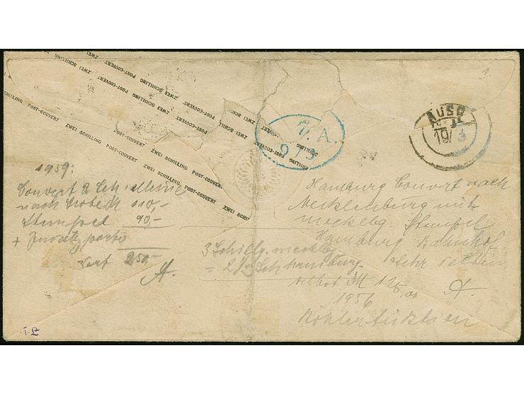 Umschlag 2 Sch. mit Zufrankatur ½ Sch., mit blauem Strichstempel und nebengesetztem Mecklenburger DKr. "HAMBURG BAHNHOF" nach