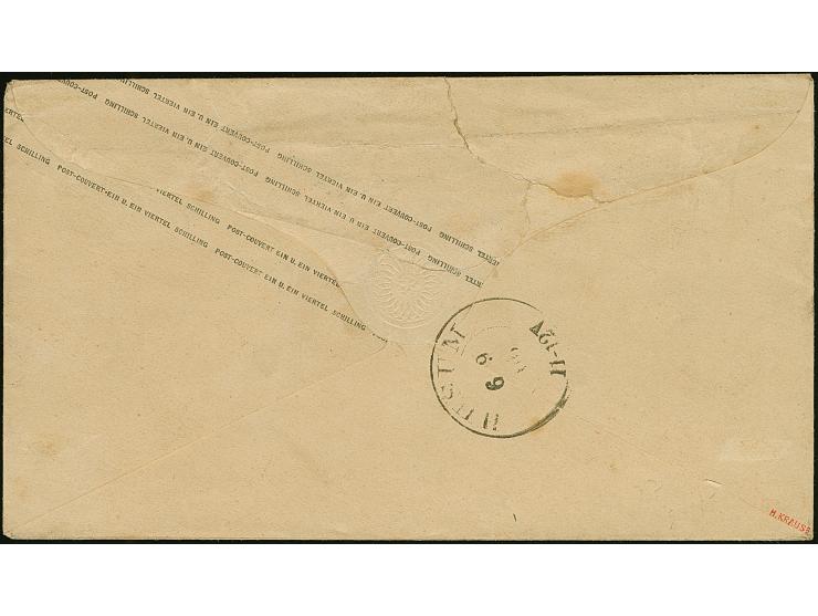 Umschlag 1¼ &nbsp;Sch. mit wertstufengleicher Zufrankatur, Prägedruck 1¼ &nbsp;Sch., mit blauem EKr. " ST. P.A. HAMBURG 5/9" 
