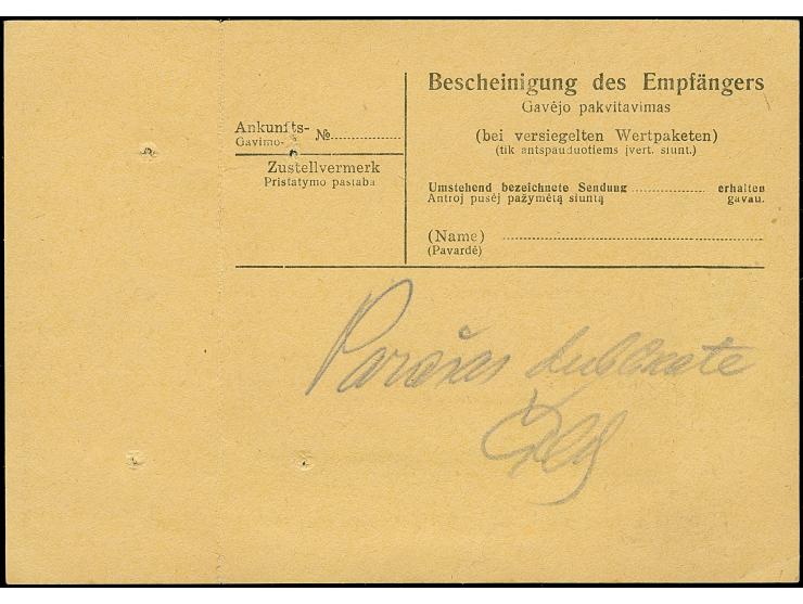 1934, Dienstmarken 20 und 50 Pfennig mit litauischem Stempel “PANEVEZYS 27 VI 44” auf Paketkarte mit Absenderstempel “Der Geb