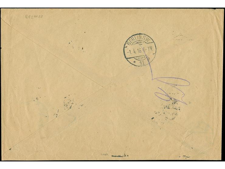 1915, Germania 10 Pfennig mit Stempel “WARSCHAU 29.3.16” auf Einschreiben nach Berlin, die Einschreibgebühr nicht verklebt, e