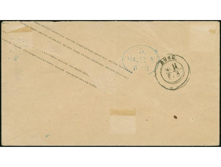 Umschlag 1¼  Sch. mit Zufrankatur 2 Sch. orangerot, mit blauem Strichstempel und nebengesetztem Mecklenburger DKr. "HAMBURG S