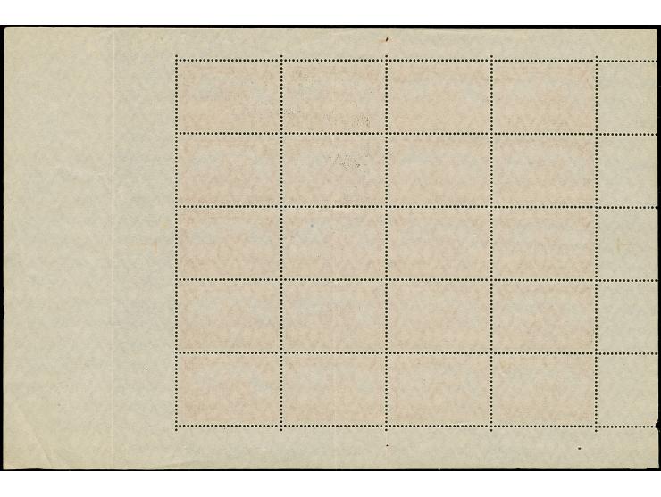 1915, Kriegsdruck 1 M. mit 25:17 Zähnungslöchern im kpl. Bogen mit ca. 6 breitem rechten Rand. Der Bogen ist ohne Gummierung 