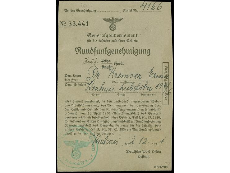 1940, 4 Zloty orangerot, 12 Werte mit verschiedenen Entwertungen auf Rundfunkgenehmigungskartenteil für ein Kaufgerät, datier