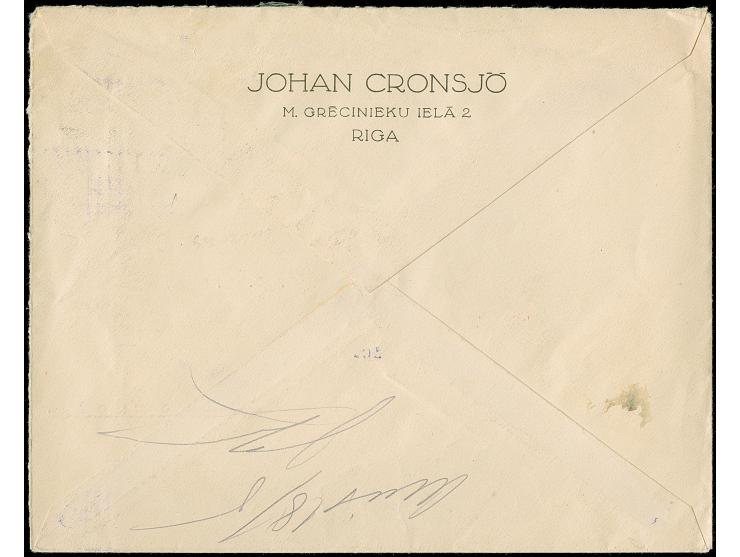 1927, Coat of arms 30 santimi blue, vertical pair with left sheet margin, imperforated at left, tied by cds. “RIGA 15 5 29” t