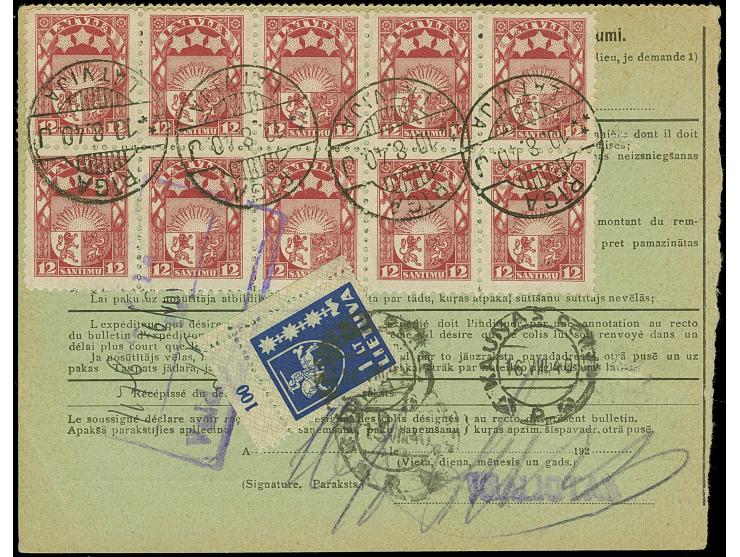 1933, Coat of arms 5 lats green, with additional franking, tied by cds. “RIGA 10.8.40” to parcel card to Kaunas, there franke