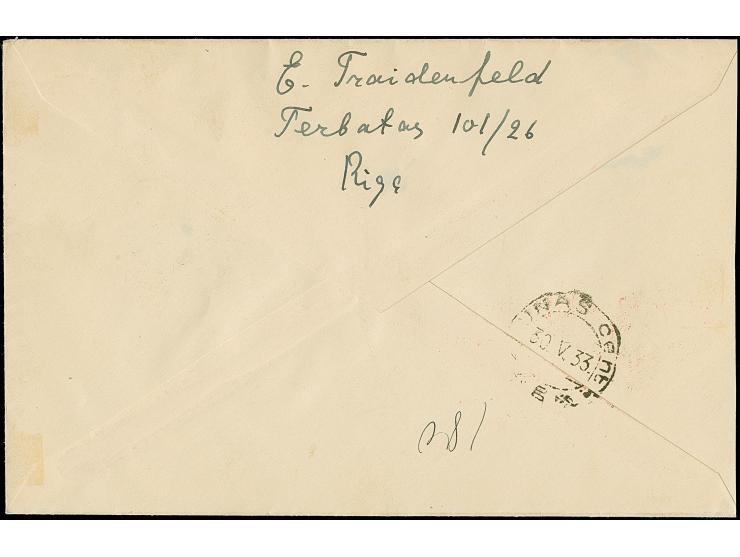 1933, Riga-Bathurst-Flight 10-25 santimi, tied by cds. “RIGA 29.5.35” to registered cover to Kaunas, Lithuania with arrival m