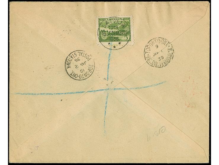 1935, Relief fund 7 santimi, imperforated block of six with additional franking, tied by cds. “LATVIJA 1918. 19 DECEMBRIS 193