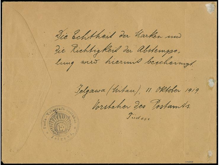 1919, Handstamp 3-75 kopek and 5-35 kopek, tied by cds. "JELGAWA -11 10 19" to blank cover, reverse with manuscript "guarante