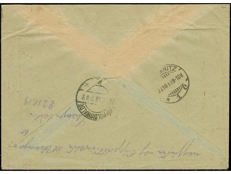 1919, 50 kopek violet, horizontal pair, tied by cds. "JELGAWA 18 10 19" to registered cover to Chemnitz, from there forwarded