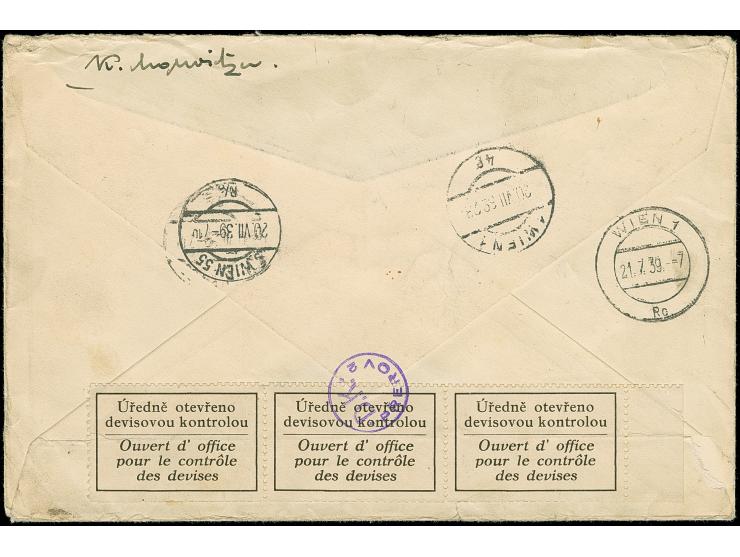1939, Landschaften 5 Kronen mit Zufrankatur mit Stempel “MISTEK 19.VII.39” auf Express-Brief nach Wien, rückseitig Devisenzen