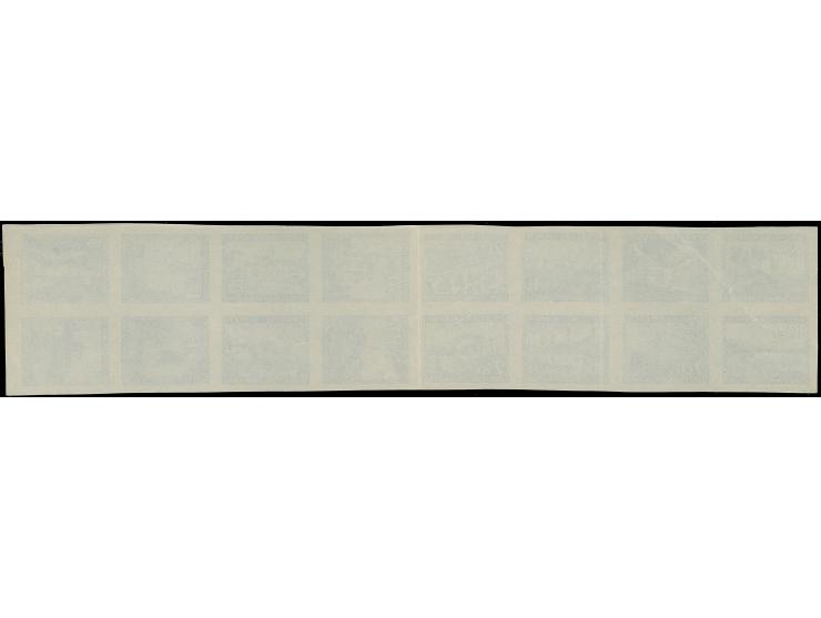1945, Ansichten aus Slowenien 5 Cent - 30 Lire, Probedruck in blau, alle Wertstufen im 16er-Block als Zusammendruck auf dünne