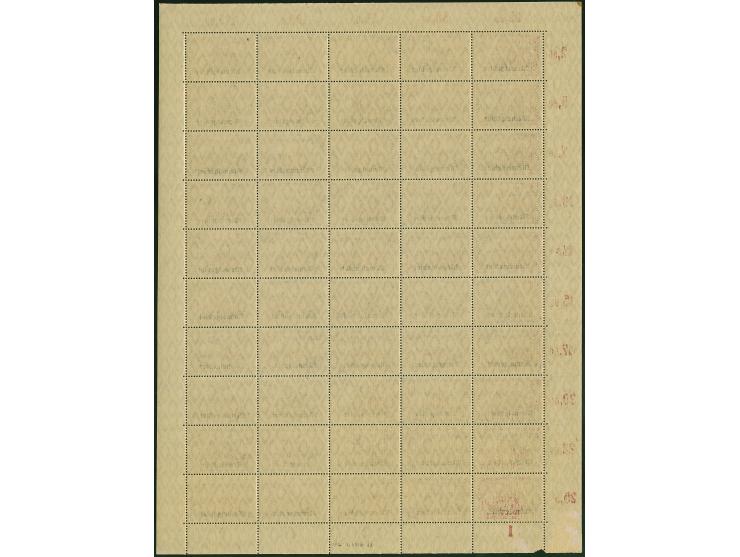 1920, Germania 2,50M. bräunlichlila im kompletten Bogen zu 50 Werten, mit Ur-HAN “H 4891.20” und Aufdruck-HAN “H 4079.20”, po