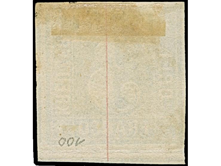 3 Kreuzer blau, farbfrisch und voll- bis meist breitrandig, unten mit doppelter Trennungslinie, leicht entwertet durch Halbkr