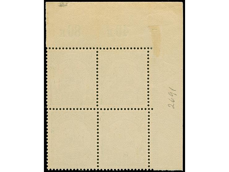 4 H. dunkelgraugrün, Viererblock aus der linken oberen Bogenecke, Faltspur im Rand, Marken postfrisch und unsigniert. Einwand