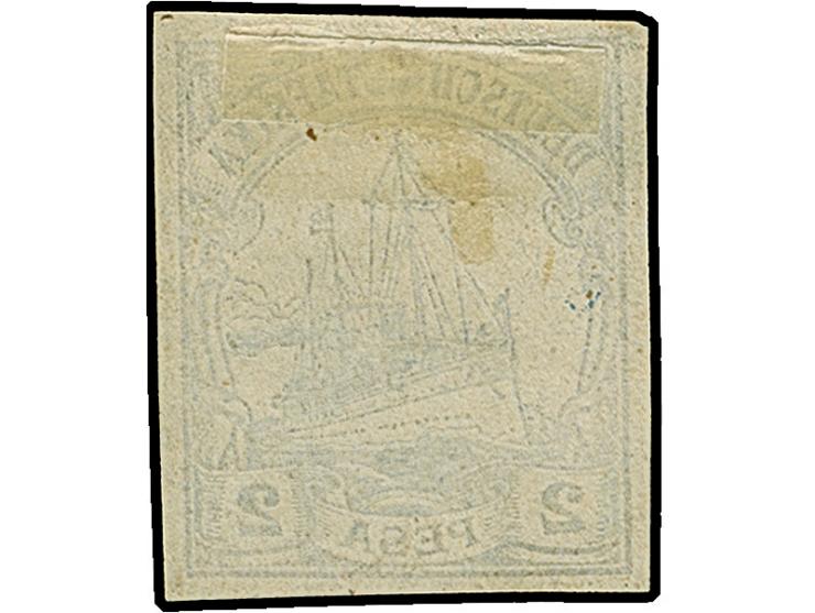 2 P., ungezähnter Probedruck in blau, breitrandig ungezähnt, ungummiert. Vorderseitig teils bedruckter Fremdkörpereinschluss 