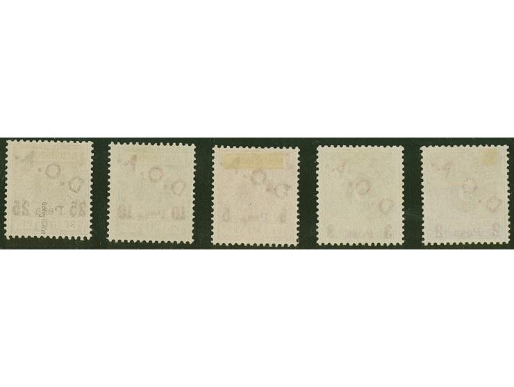 "D.O.A.", Schrägaufdruck in rot auf 2 P.-25 P., Ungummiert. 2 Werte etwas ausgebessert bzw. oben nachgezähnt, sonst einwandfr