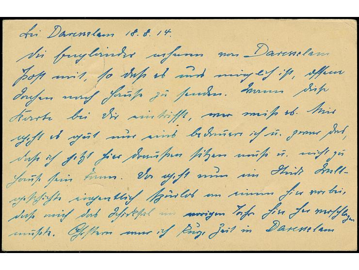 1914, Postaustausch mit Kreuzer 'Pegasus': “PASSED POSTAL CENSOR”-Zensurstempel auf Ganzsachenkarte 5 Pfg. von "DARESSALAM DO