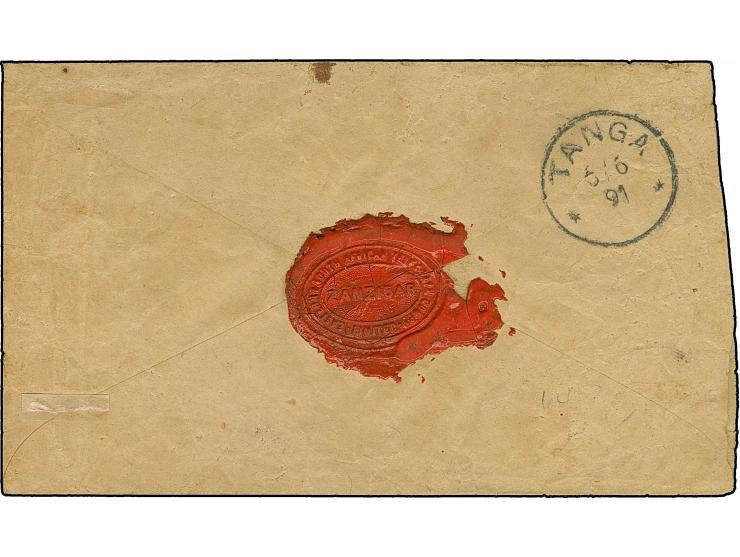 25 Pfg. gelborange und 5 Pfg. grün, mit jeweils sauber und gerade aufgesetztem "ZANZIBAR 2/6 91" auf Telegramm-Kuvert der 'Ea